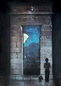 From book The Boy and The Boy King - a image of a boy standing at the entrance to an Egyptian tomb