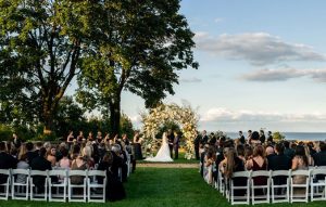 Outdoor wedding in the rose garden overlooking the long island sound