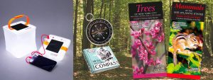 Father's Day Gift: Nature Lover with compass and guides for local trees and mammals and solar powered light and cell phone charger