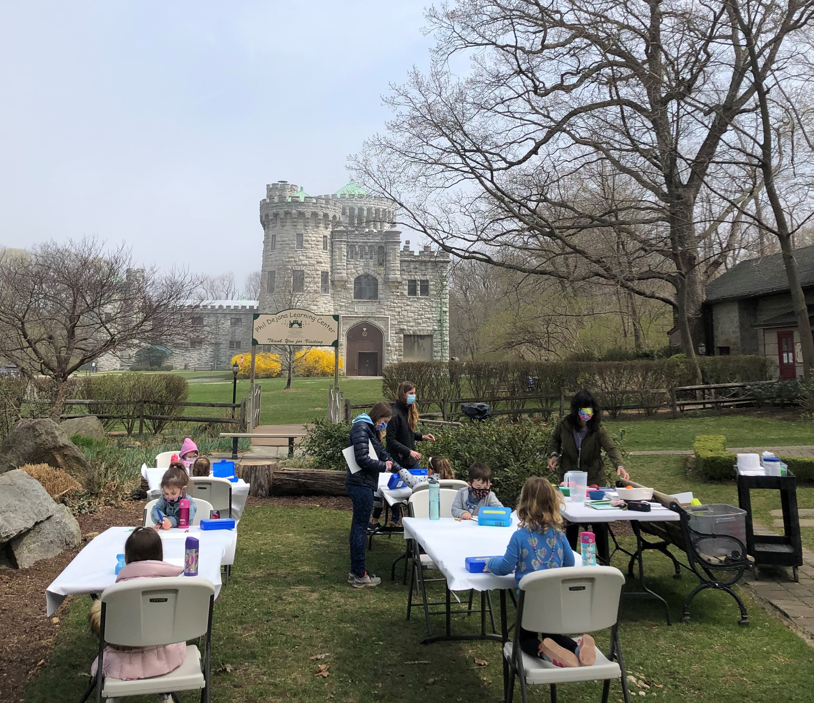 Children in Art Class - Outdoor Classroom with Castle Gould in Background